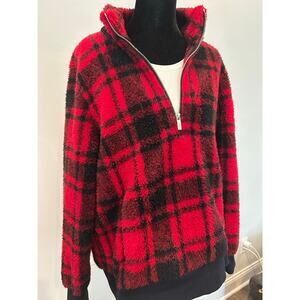 Calvin Klein Plaid Sherpa Red Black Half Zip Fleece Jacket M